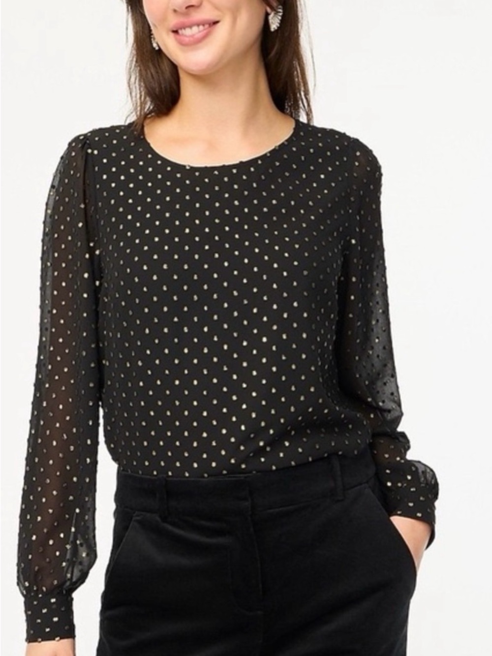 J. Crew Black Blouse with Metallic Gold Dot Print